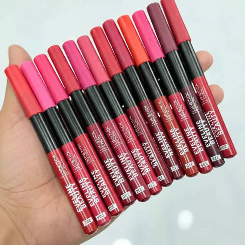 Eveline Beauty Jumbo Lip Pencils Pack of 12 | Creamy Long-Lasting Lip Color & Lip Liner Set