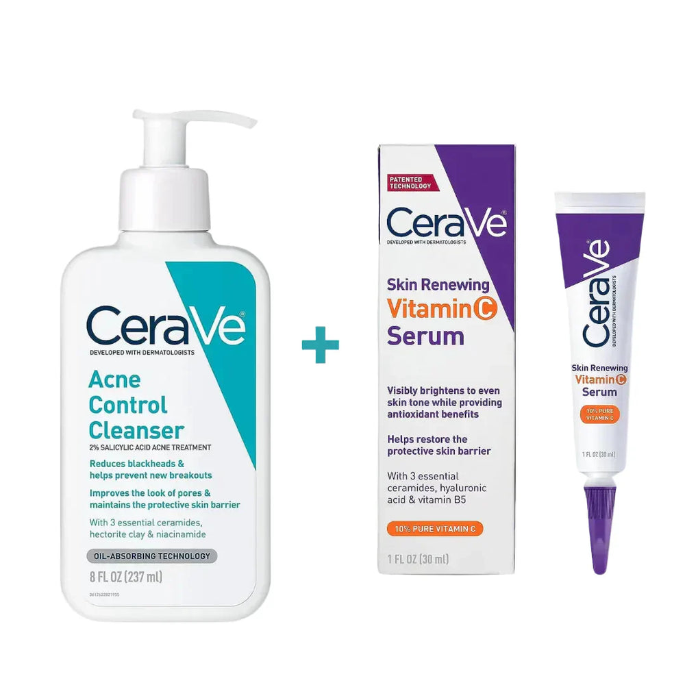 CeraVe Acne Control & Vitamin C Serum Skincare Bundle – Cleanser + Brightening Serum for Clear, Healthy Skin