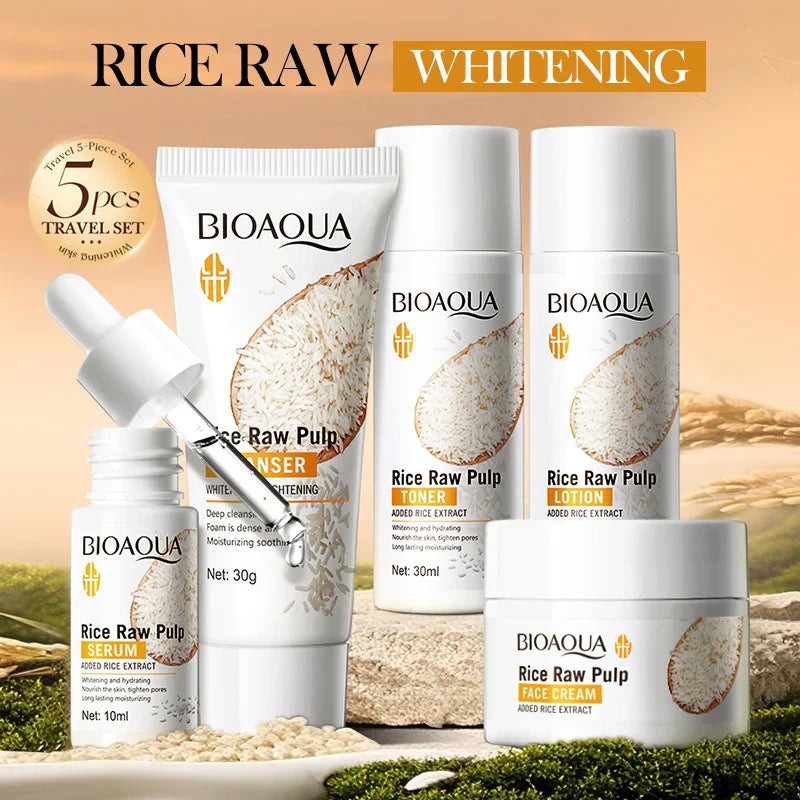 BIOAQUA Rice Raw Pulp Whitening Travel 5-Piece Set | Brightening & Hydrating Skincare Kit for Glowing Skin